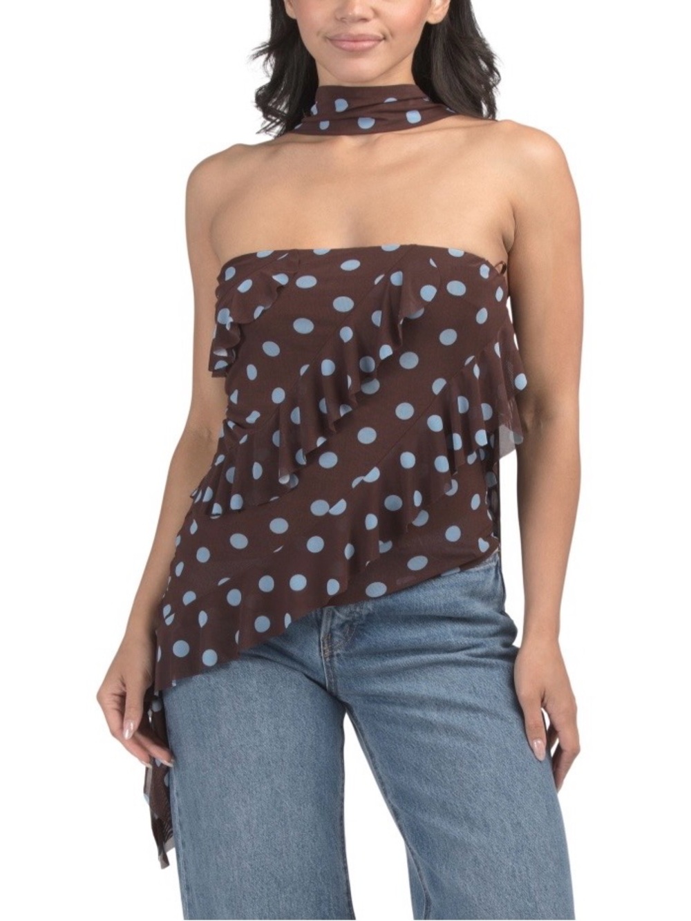 Brown Polka Dot Strapless Ruffle Top with Scarf